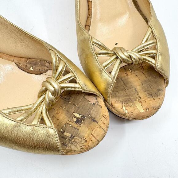 CHRISTIAN LOUBOUTIN Red Bottoms Gold Slingback Peep Toe Cork Platform Wedges - Picture 7 of 11